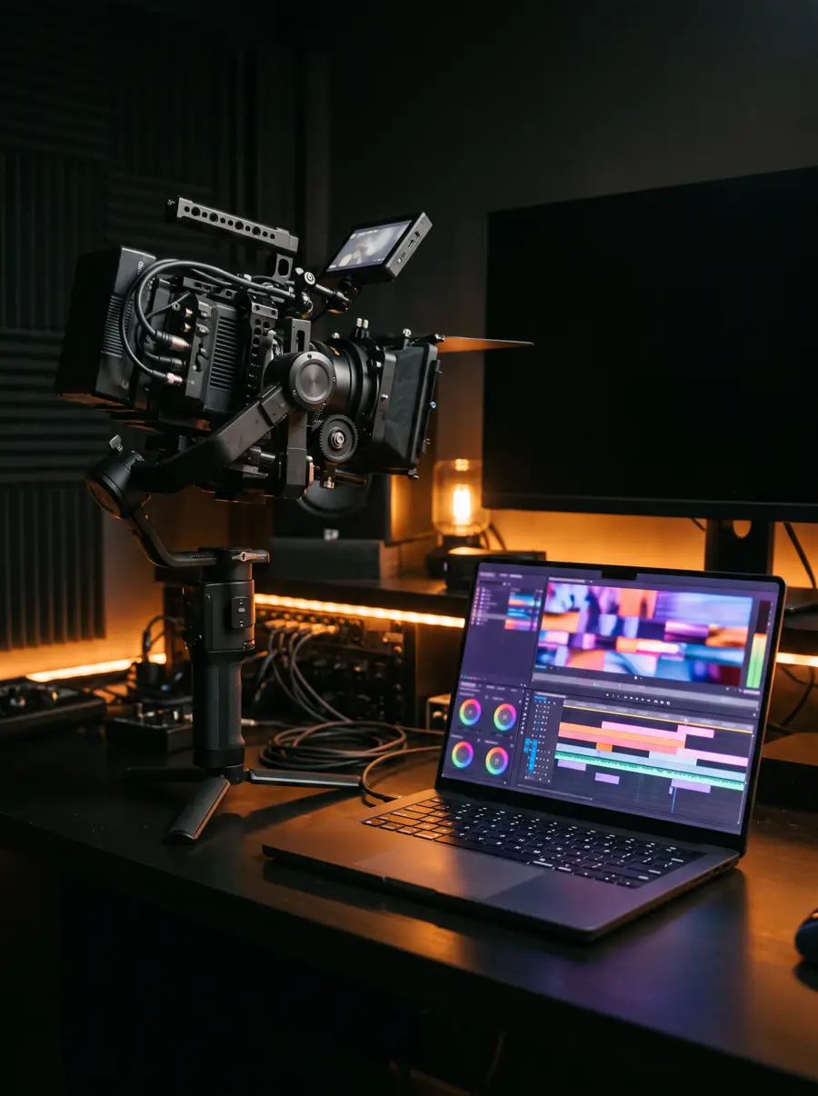 A cinema camera and laptop with an edit timeline on a dark desk