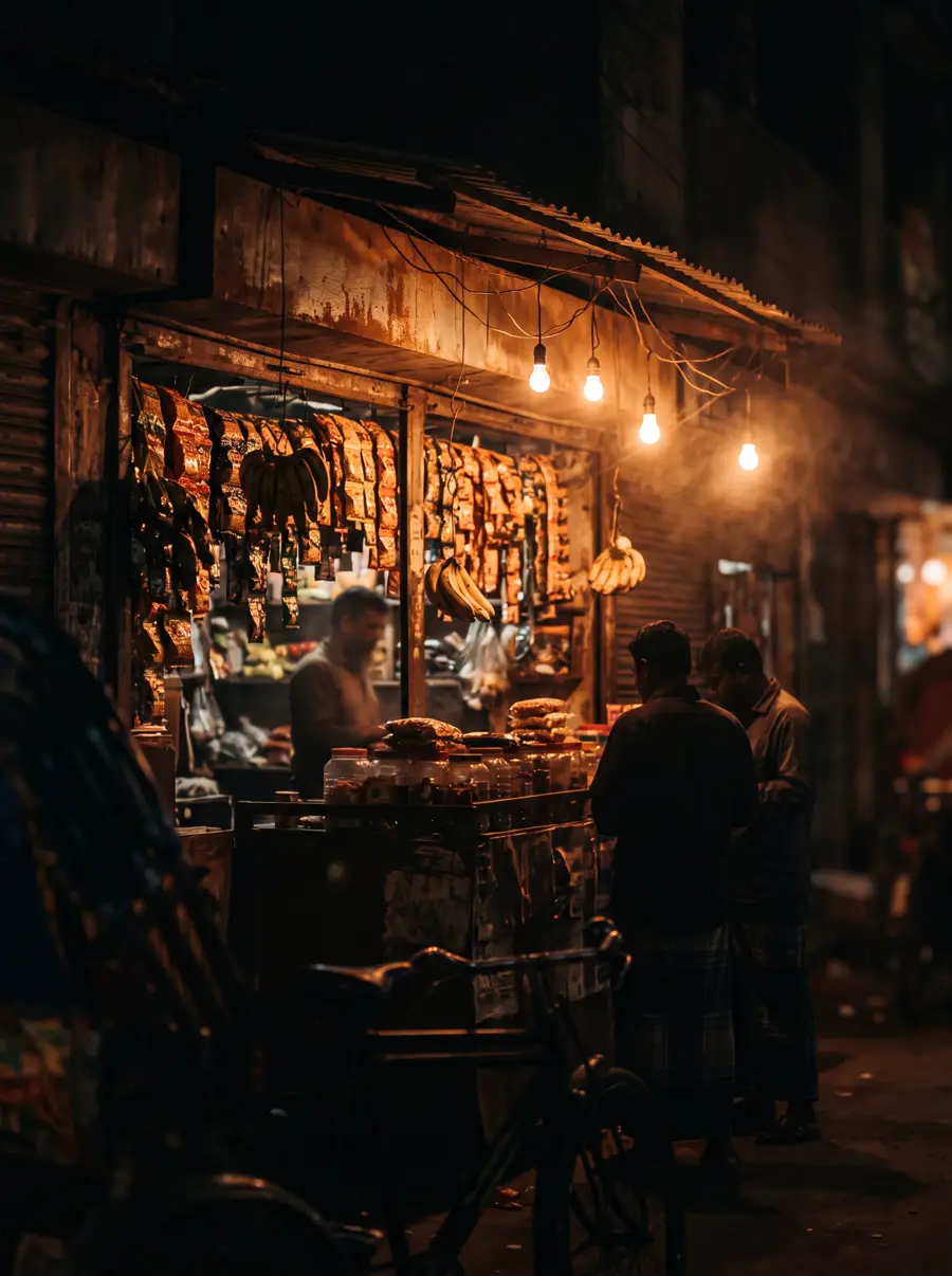 A small shop lit by warm bulbs at night
